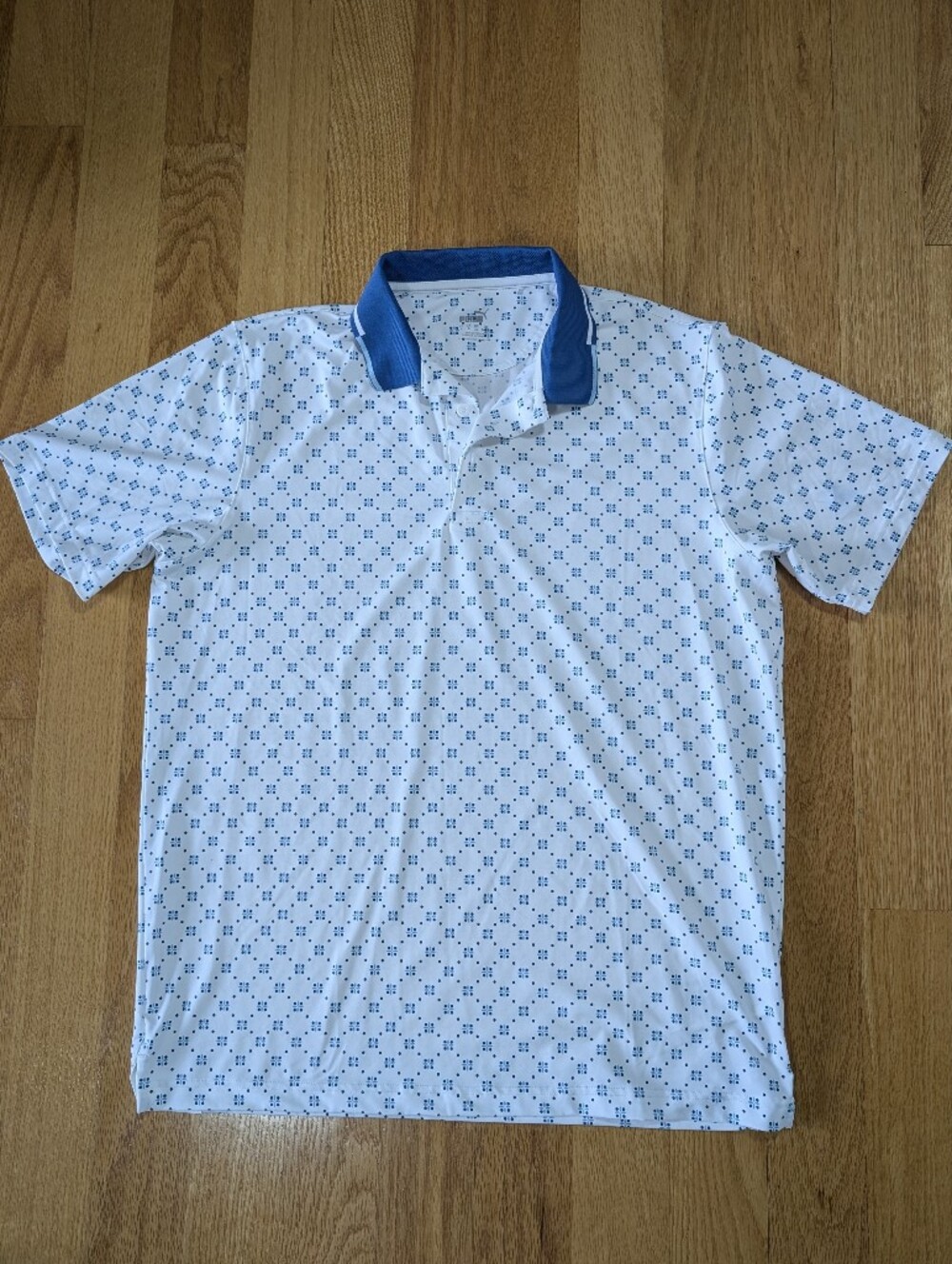 PUMA Golf Polo Shirt Mens L White Blue Floral Geometric Print Enjoy Golf Cloudsp